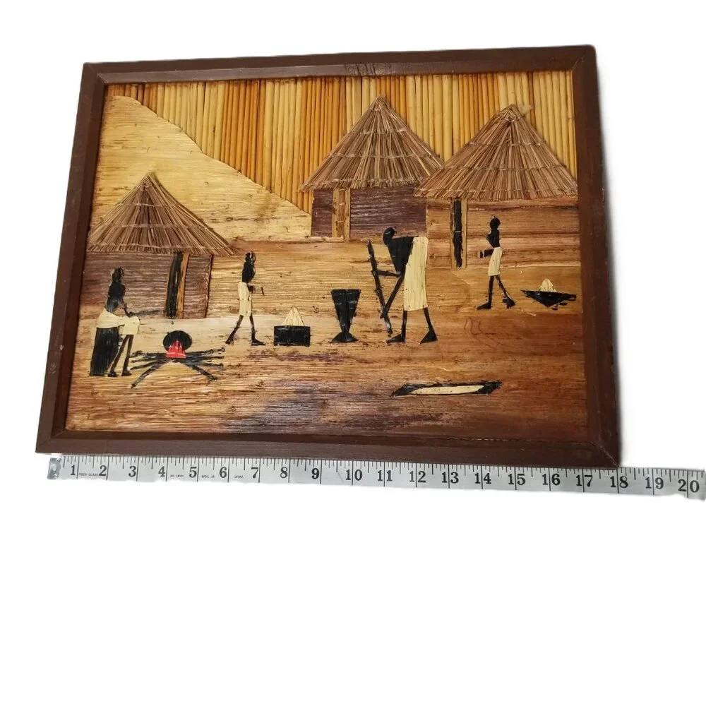 African Wall Art Bamboo Village Scene Framed Handmade Boho Global Decor 18x14